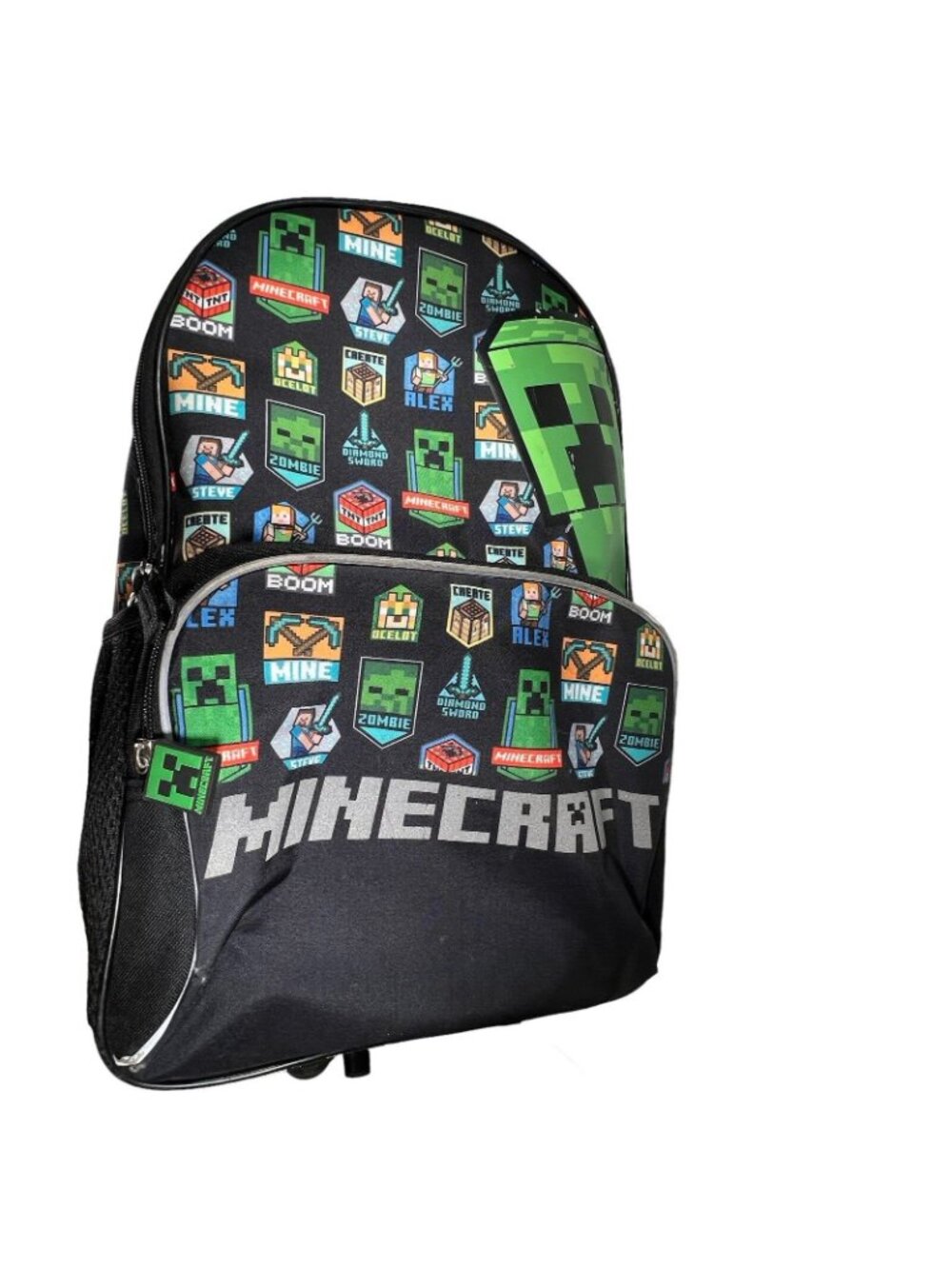 Minecraft Creeper Backpack Detachable Lunch Bag School Kids Boys Black Green - Picture 14 of 16